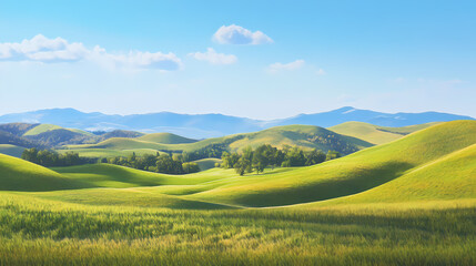 Fototapeta premium Scenic countryside landscape with rolling hills and a clear blue sky. Edenic. Illustration