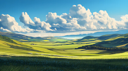 Obraz premium Scenic countryside landscape with rolling hills and a clear blue sky. Edenic. Illustration