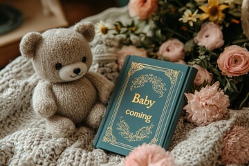 A cozy scene featuring a teddy bear, a book d "Baby coming," and floral decor.