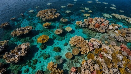 Obraz premium Aerial view of vibrant coral reefs beneath clear blue waters, showcasing various coral formations and sea life.