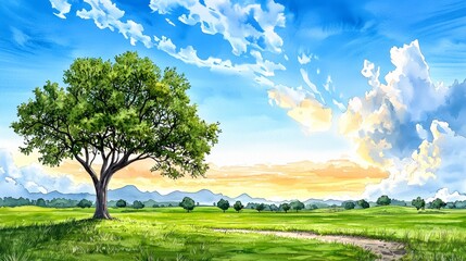 Obraz premium Farmland fields landscape sunset, A vibrant landscape featuring a solitary tree under a bright sky, with lush green fields and distant mountains.