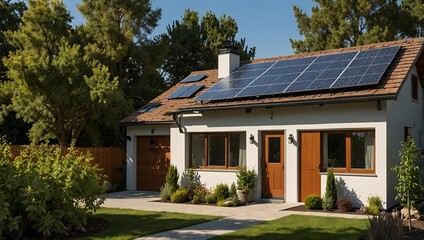 Obraz premium Modern house with a brown tiled roof and solar panels, surrounded by greenery and a landscaped garden. Sunny day.