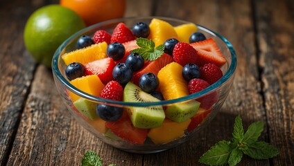 Naklejka premium A glass bowl filled with a colorful assortment of fresh fruits: strawberries, blueberries, raspberries, kiwi, and mango.