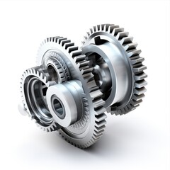 Complex mechanism represented by white metallic gear rotating on a white background