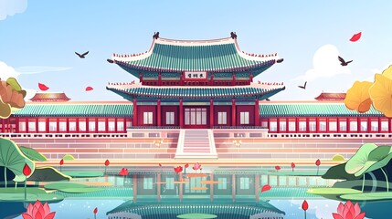 Obraz premium A large building with a pond in front of it