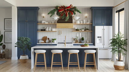 Fototapeta premium interior design mockup Blue modern kitchen interior with white appliances and natural plants Holiday Cheer Crimson pine green gold white ZentangleDoodle Art