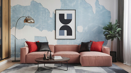 interior design mockup Minimalist japandi style interior design of modern living room Sectional sofa with black and red pillow near stucco wall with abstract art frame Winter Frost Ice blue silver co
