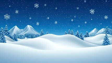 Winter landscape with snow mountains, christmas tree. Copy space
