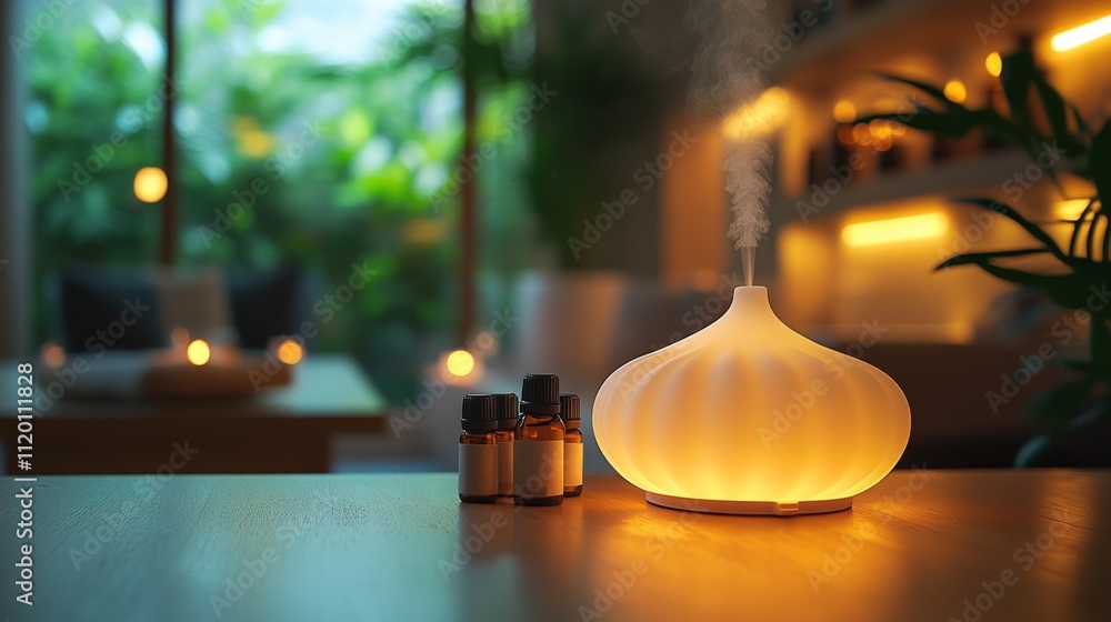 Poster a cozy indoor environment filled with soft light from an aroma diffuser. essential oil bottles are p