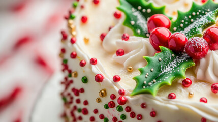 close-up of a beautifully decorated Christmas cake with festive icing, sprinkles, and holly leaves.