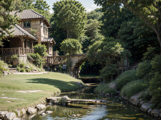 Fototapeta premium A lush green meadow with a small crystal-clear stream