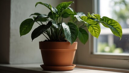 Fototapeta premium A healthy green plant with large leaves sits in a terracotta pot on a windowsill, illuminated by natural light.