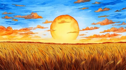Farmland fields landscape sunset, Vibrant sunset over a golden wheat field under a colorful sky.