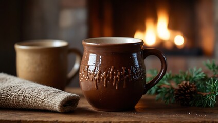 Fototapeta premium A rustic brown mug with a decorative design sits on a wooden table beside a beige mug, with a warm fireplace in the background.