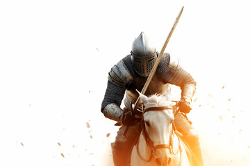 Armored knight charging on a majestic horse.