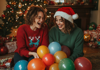 Joyful Lesbian Couple Celebrating Christmas with Balloons