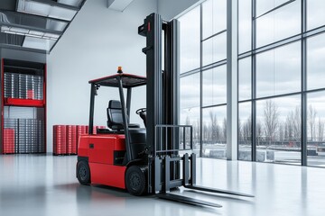 A red forklift positioned in a spacious industrial warehouse with large windows.