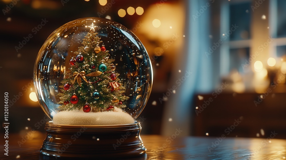 Poster inside the snow globe, a shiny christmas tree sparkles with lights and colorful baubles. snowflakes 