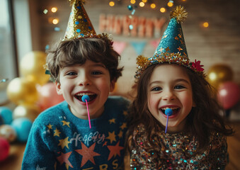 Cheerful Children Celebrating a Birthday with Party Hats and Lollipops