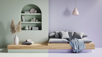 interior design mockup 3D rendering of a minimalist living room with a wooden platform and gray cushions a vase pampas grass and a shelf with books and ceramics in a beige and white color scheme Morn
