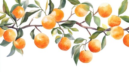 Watercolor Oranges on Branch, Vibrant Fruits Illustration