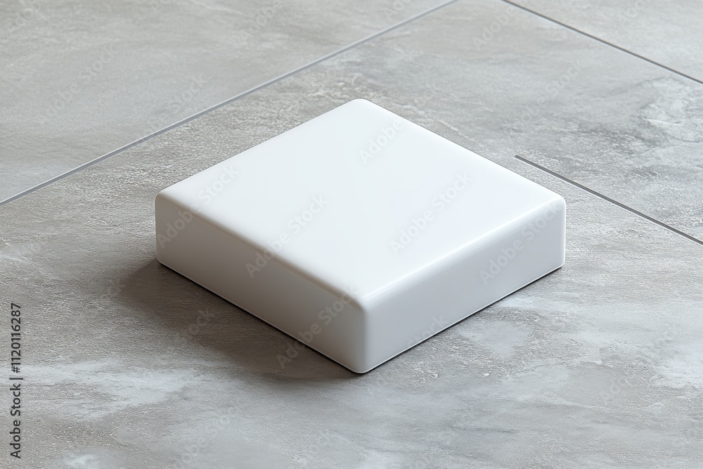 Poster a simple white square object placed on a textured floor surface.