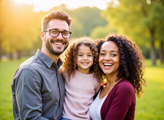 Familia diversa abrazando a su hija en un parque soleado