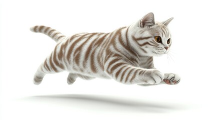 Fototapeta premium 3D illustration of an American Shorthair cat mid-leap, bright orange and silver tones on its fur, isolated against a white background