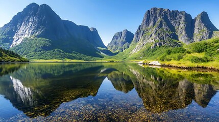 Obraz premium Serene mountain lake reflecting peaks.