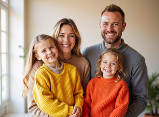 Familia sonriente con dos niñas en casa iluminada por luz natural