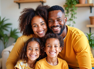 Familia diversa con ropa coordinada en ambiente luminoso