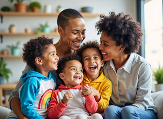 Familia lesbomaternal con tres hijos sonriendo en casa luminosa