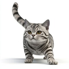 Fototapeta premium 3D illustration of an American Shorthair cat stretching its front legs forward, fur colors in black, gray, and cream, on a white background