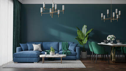 interior design mockup Modern interior design of apartment empty living room with blank blue wall dining room with table and chairs interior background 3d rendering Holiday Cheer Crimson pine green g