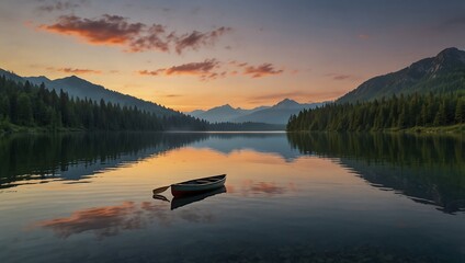 Fototapeta premium A tranquil lake at sunset, with a lone canoe floating on calm waters, surrounded by mountains and dense forests.