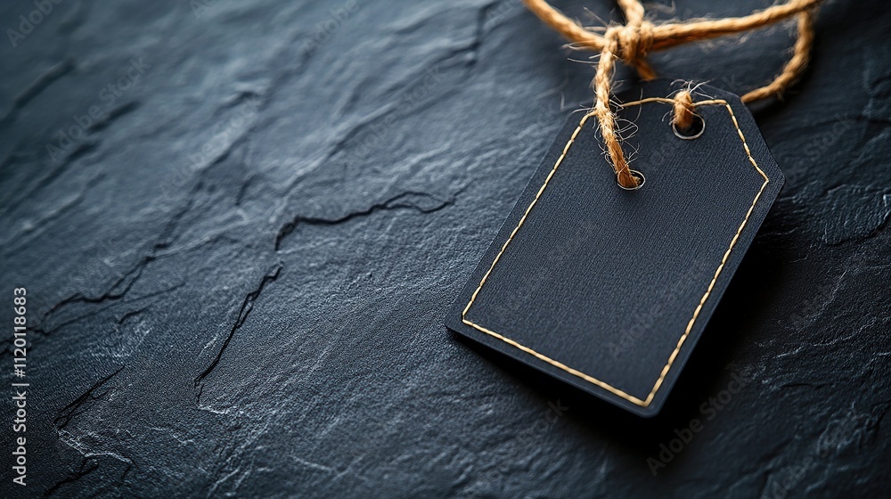 Aufkleber a blank black tag with a string on a textured slate background.