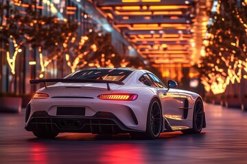 A sleek sports car parked in a vibrant, illuminated urban setting at dusk.