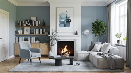 Fototapeta premium interior design mockup Interior design of scandinavian living room with fireplace and gray sofa Created with generative AI Nordic Calm Cool gray icy blue charcoal white Pixel Art