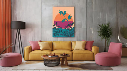 interior design mockup Minimalist living room interior with gray concrete walls sofa and wooden table with black lamp Vibrant Sunset Coral tangerine fuchsia violet Botanical Illustration