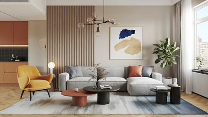 interior design mockup Modern interior of apartment living room with grey sofa black armchair coffee tables and plant panorama 3d rendering Painterly Blend Burnt sienna cobalt blue golden yellow pale