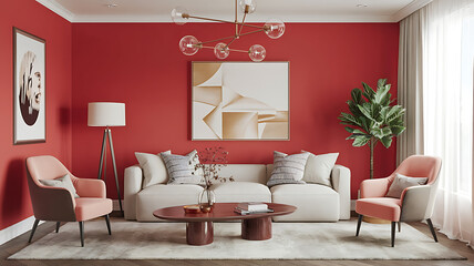 interior design mockup Showcase your products in a minimal and refined setting with this 3D rendering of a modern home interior featuring stylish furniture and accessories in a vibrant red color sche