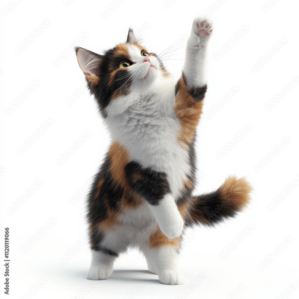 Poster 3d minimal icon of an american longhair cat with various fur colors, showing a playful gesture, isol
