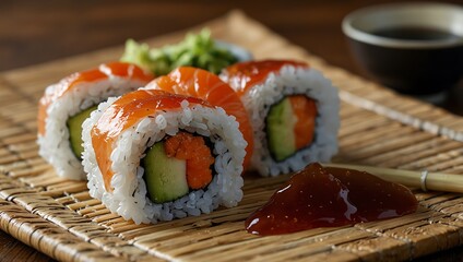 Three sushi rolls with salmon and cucumber are arranged on a bamboo mat, accompanied by wasabi, dipping sauce, and chopsticks.