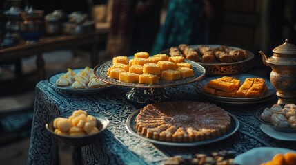 Fototapeta premium A table laden with a variety of sweet treats, including pastries, cakes, and cookies. 