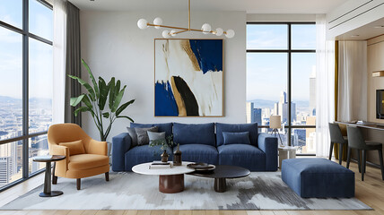 interior design mockup japanese minimalist interior design living room with large windows and city view Sapphire Blue Deep blue gold white charcoal NeoExpressionism