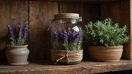 A wooden shelf displays a glass jar filled with lavender and two clay pots containing lavender and green plants.