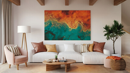 interior design mockup Interior of living room with white sofa and coffee table panorama 3d rendering Moroccan Sunset Deep orange turquoise gold dark brown Ink and Wash