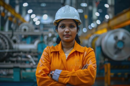 Portrait Indian woman worker supervisor with engineer safety suit work in large factory warehouse