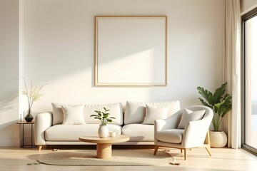Naklejka premium minimalist living room, boucle sofa, accent armchair, beige wall, modern wooden frame, serene interior design, natural light, neutral tones, japandi style decor