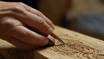 A close-up of a hand delicately carving intricate spiral patterns into a wooden surface with a small carving tool.